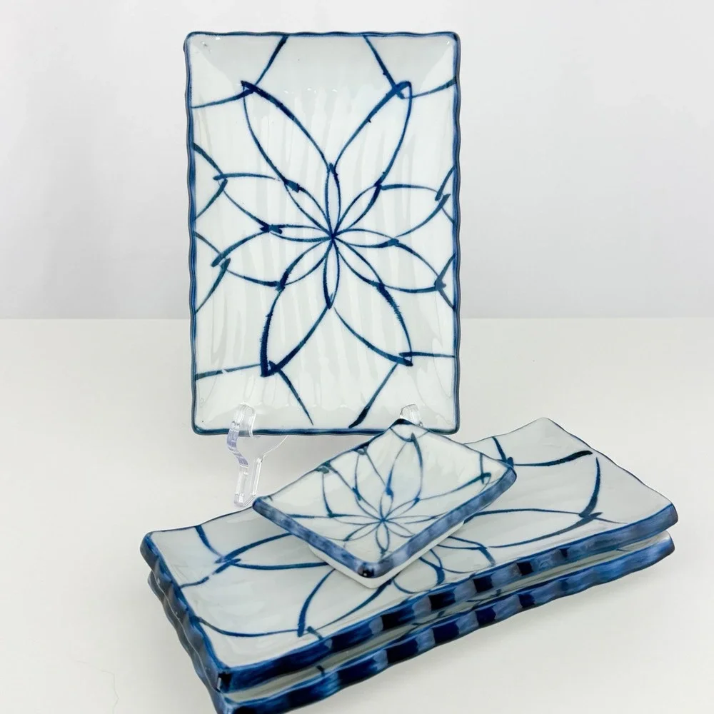 Vintage Japanese Porcelain Sushi Serving Plate Set Blue White Floral Geometric